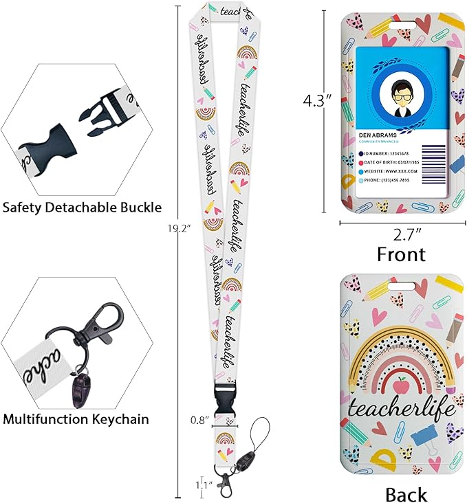 Giancomics Teacher Lanyards for Id Badges, ID Badge Holder with Lanyard Badge Reel Retractable, Rainbow Cute Lanyard with ID Holder Keychain Clip Name Tag ID Card Holder for Women Men Work Office