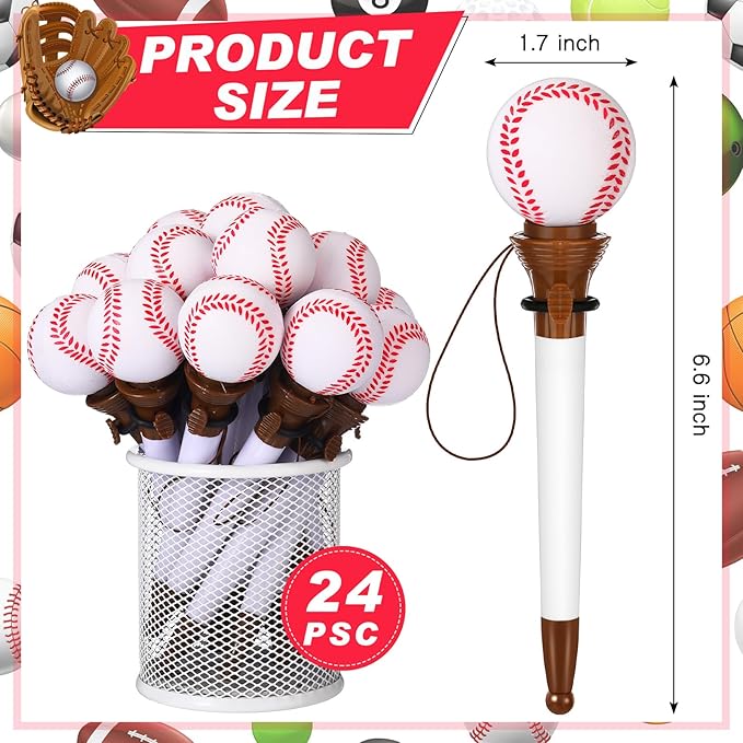 Lincia 24 Pcs Sport Funny Pen Hoop Ballpoint Novelty Bulk Plastic Sports Soccer Basketball Baseball Football Tennis Golf Themed Pen for Birthday Party School Award Party Favor Supplies(Baseball)