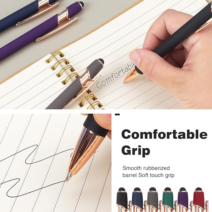 6 Pack Ballpoint Pen 2-in-1 Stylus Retractable Ballpoint Pen with Stylus tip, Metal Stylus Pen for Touch Screens, 1.0 mm Black Ink, 6 Different Color