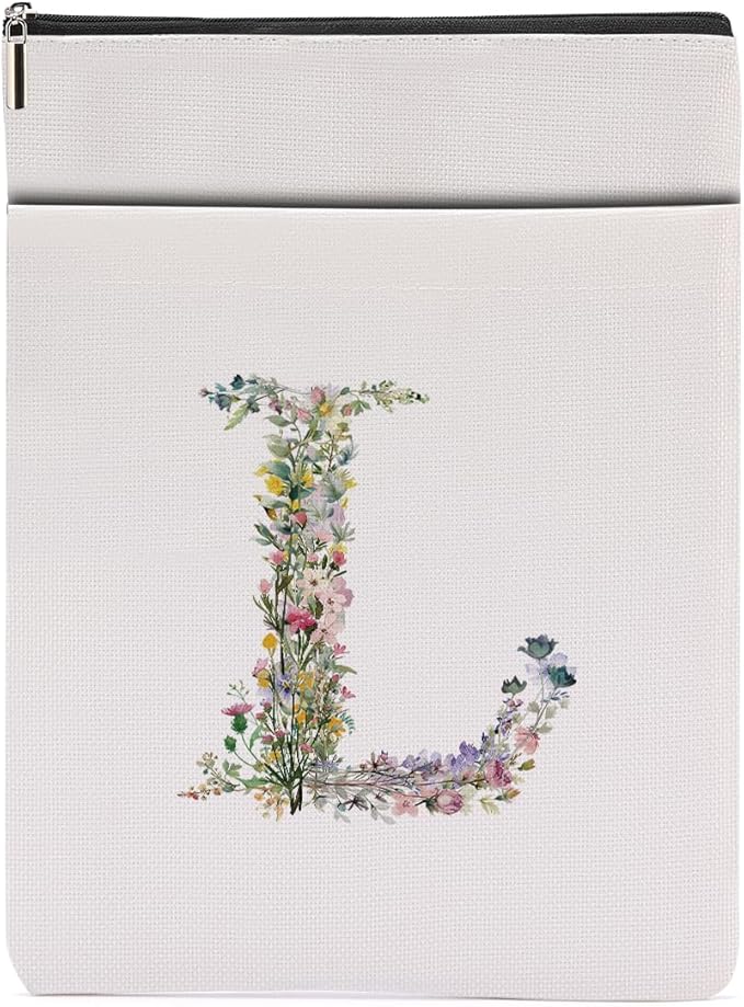 Monogrammed Book Sleeve Floral L Initial Book Pouch Book Accessories Book Lovers Gifts Waterproof Book Cover Book Protector Bookish Gifts Personalized Gifts for Women Girls Readers Bride Librarian