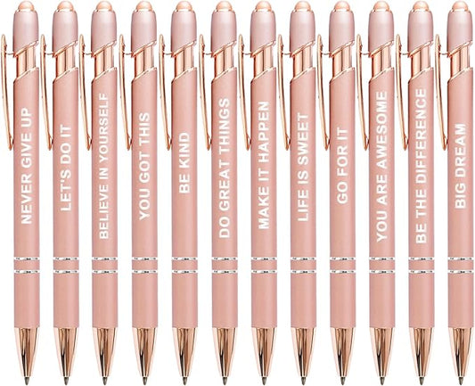Stylus Pens for Touch Screens, 12 Pack Rose Gold Inspirational Pens, 1.0mm Medium Point BallPoint Pens, Cute Pens Nurse Gifts Office Supplies for Women (Motivational, 12 Pcs Rose Gold)
