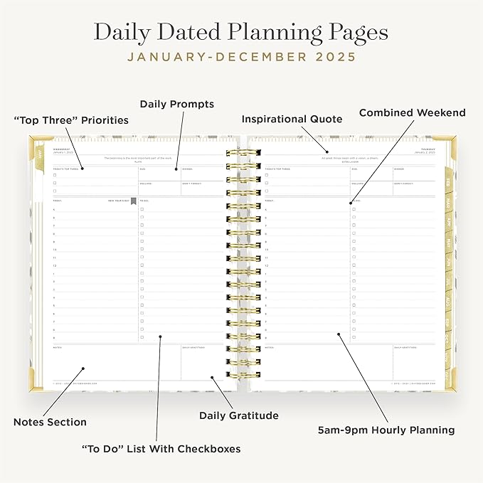 Day Designer 2025 Daily Planner – Premium Planner for Stylish Organization. Combines Monthly Calendar, Hourly Schedule, To-Do List, Gratitude, Goal Setting, Inspirational Quotes, Stickers & More. Elegant laminated Cover with Gold Accents (Chic)