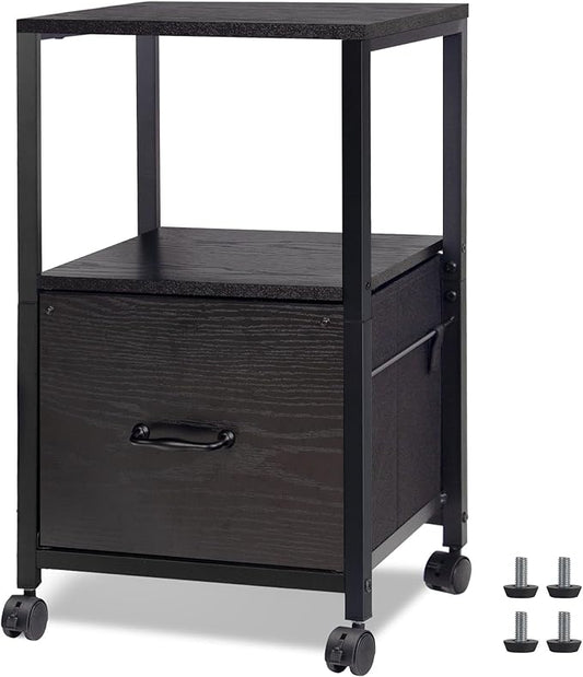 2 Tier Metal Mobile Under Desk Home Printer Stand with Storage Drawer Small File Cabinet for Home Office with Wheels Printer Tables for Small Spaces, Black