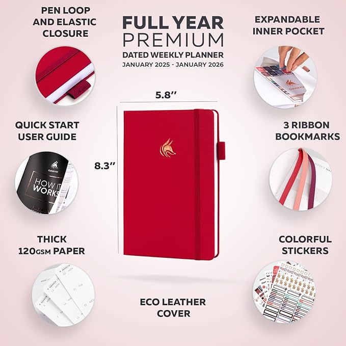 Clever Fox Dated Planner Premium Edition – 2025-2026 Weekly Planner for Planning, Goal Setting & Time Management – Planner Notebook with Habit Tracker & to-do List – A5 Size (Red)
