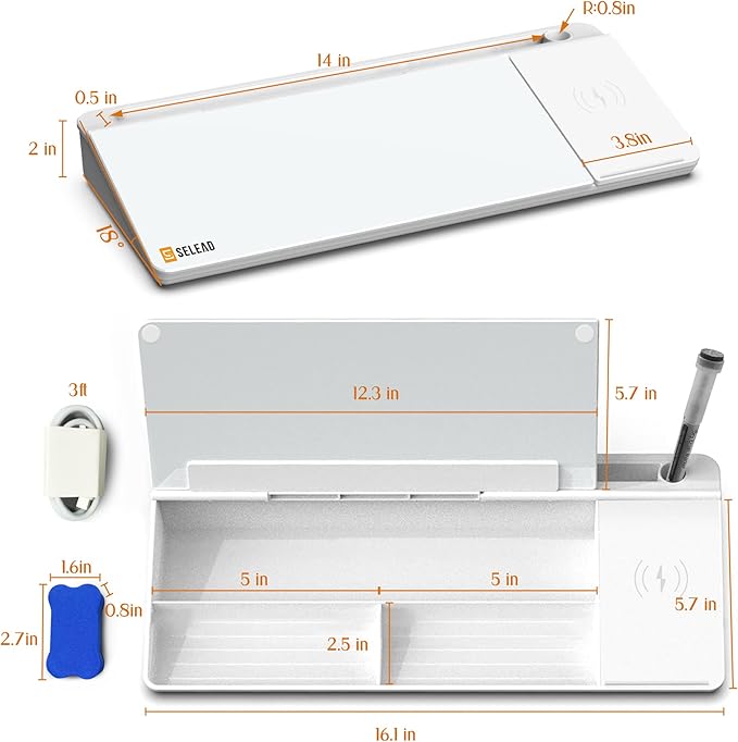 SELEAD Desktop Glass Whiteboard with Wireless Charger Station, Dry Erase Board Computer Pad Keyboard Stand with Organizer Drawer for Home, School, Office Desk Accessories, White