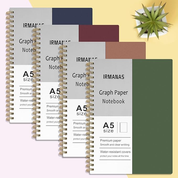 Graph Paper Notebook, 4 Pack Journal Spiral Graph Grid Notebooks 5.7" x 8.3", 640 Pages, Cute School Supplies Notebooks for Work, Aesthetic Gift Office Supplies for Study and Notes
