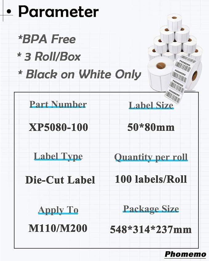 Phomemo M220 Labels - 3 Rolls, 100 Labels/Roll, Square, Black on White, 1.97"x3.15" (50x80mm), Compatible with M110/M220/M221/M120/M200 Printers
