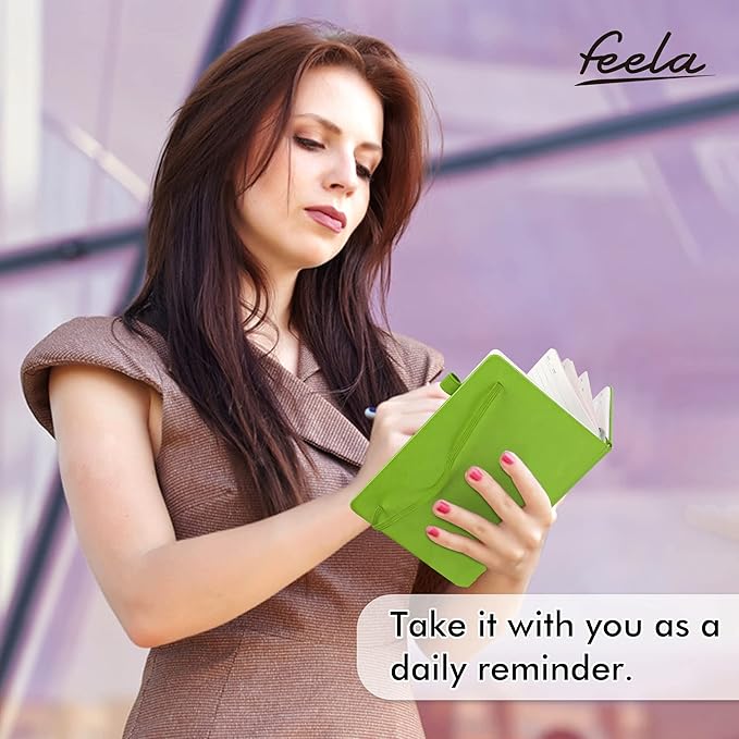 feela 3 Pack Notebooks Journals Bulk, Hardcover Notebook Classic Ruled Lined Journals with Pen Holder for Women Girls School Business Supplies, with 3 Black Pens, 120 GSM, 5.1”x8.3”, A5, Green