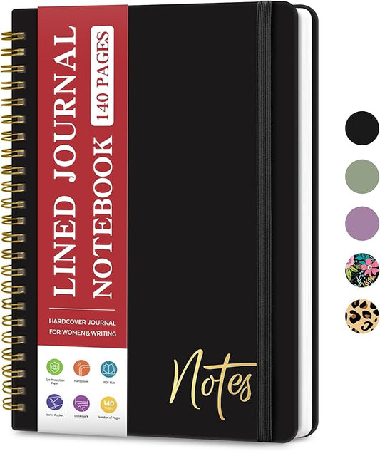 Lined Spiral Journal Notebook for Women, A5 College Ruled Journals for Writing, Hardcover Notebooks for Work, Note taking and Office School Supplies,140 Pages - Black