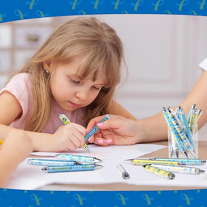 48 Pcs Down Syndrome Awareness Pens Blue Yellow Ribbon Awareness Ballpoint Pens Bulk Faith Courage Hope Strength Health Awareness Favor Gifts for Teen Social Charity Event