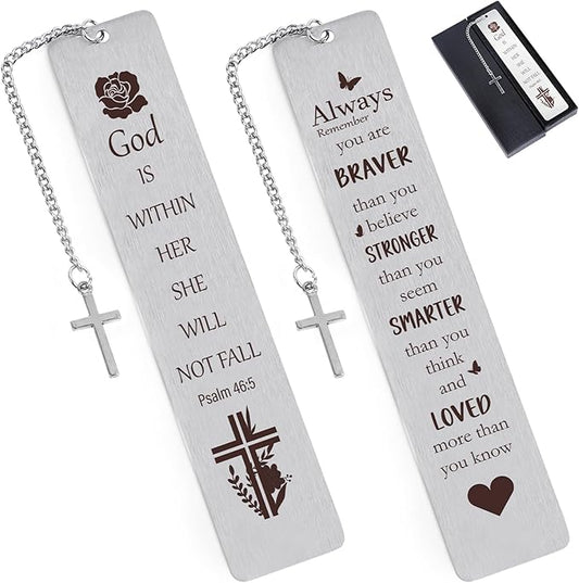 Christian Metal Bookmarks Gifts - 2Pcs Inspirational Bible Verse Bookmarks Gift for Book Lovers Pretty Bookmarker with Cross Pendant for Women Religious Book Mark Gifts for Friends