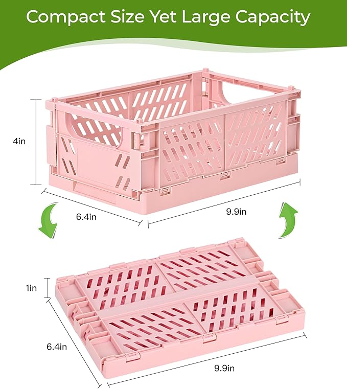 2-Pack Small Pastel Plastic Storage Baskets, Collapsible Crates for Organizing, Space-Saving Mini Bins for Classroom, Kitchen, Office, Bedroom (Pink, 9.8" x 6.5" x 3.8")