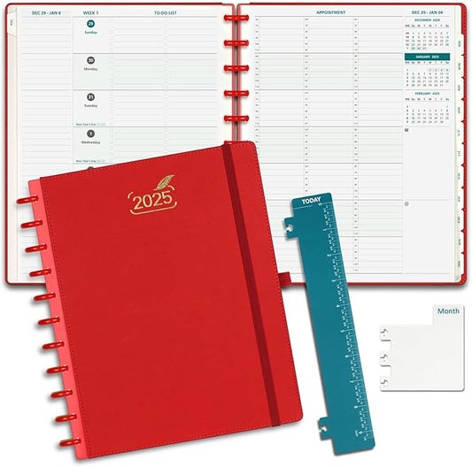 BEZEND 2025 Weekly Monthly Planner Disc-Bound, 8.5" x 11", Appointment Book 12 Months Agenda, Large Calendar Book with To Do List, Hourly Time Slots, Removable Pages, Tabs, Inner Pocket - Red