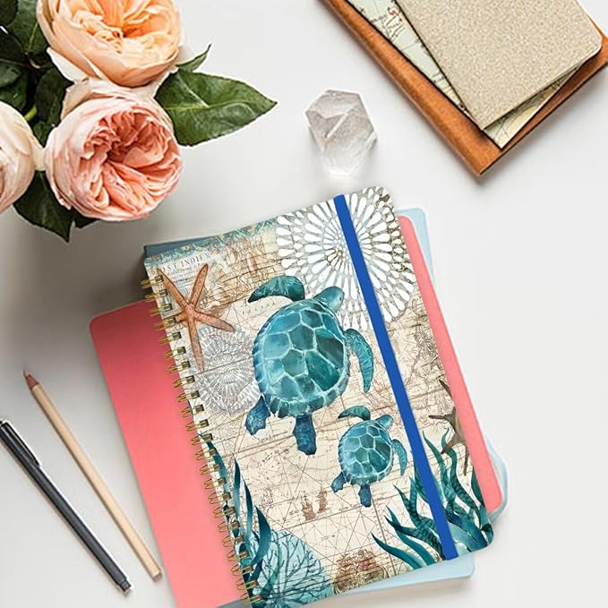 Spiral Notebook - A5 Spiral Notebooks, 8.3'' × 5.8'', 160 Pages, Aesthetic Journaling Notebooks for Women, College Lined Notebook with Elastic Closure, Back Pocket, for School Office, Two Turtle