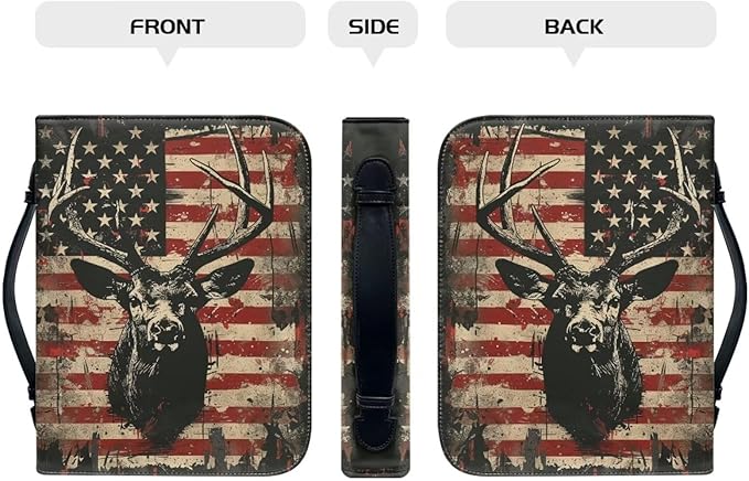 Lotusorchid American Flag Deer Printed Bible Bags, Faux Leather Bible Covers with Handle Pockets for Women, Portable Sturdy Bible Bag for Girls Ages 8-12, Christian Bible Study Accessories