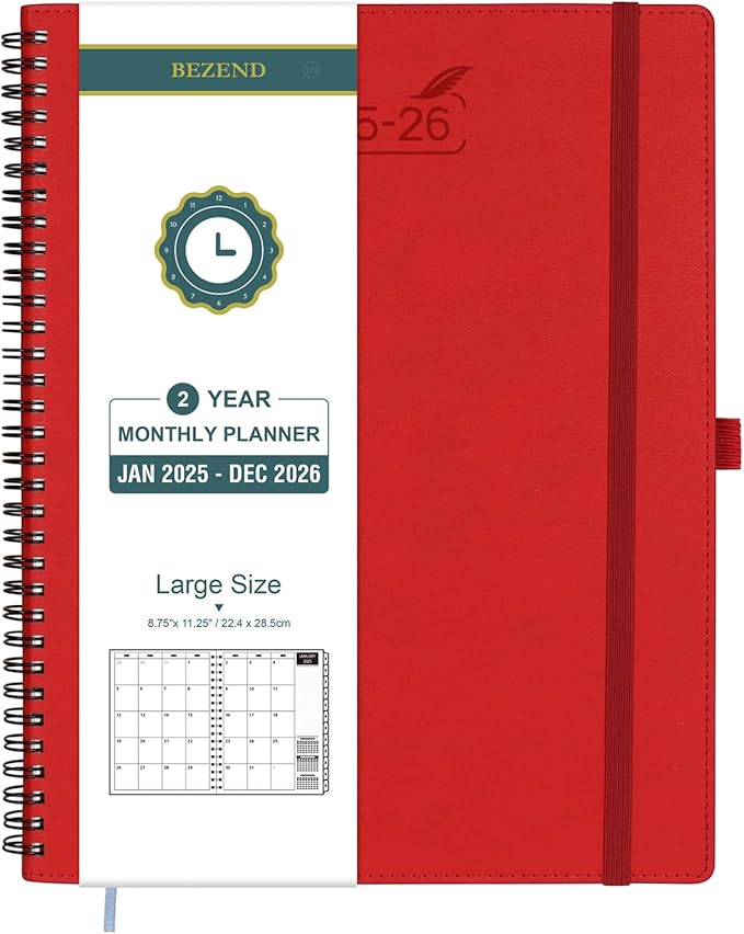 BEZEND Monthly Planner 2025-2026, Large size, 2 Year Monthly Calendar 8.5" x 11" - 120 GSM Thick Paper - Spiral Planner with Pockets, Tabs, Calendar with Note Sections, Pen Loop, Softcover - Red