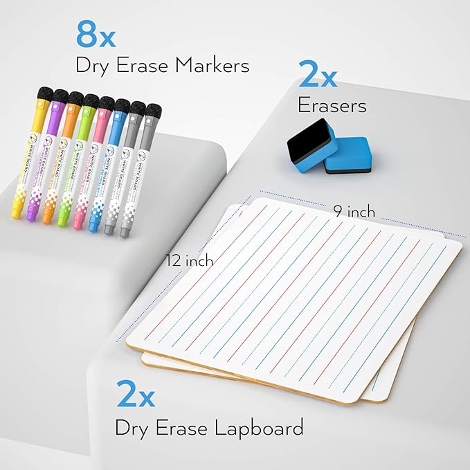 Nicpro Dry Erase Lap Board 9 x 12 inches 2 Pack Ruled Kid Double Sided Blank & Lined Small Lapboard with 8 Pens, 2 Eraser, Learning Mini Whiteboard Portable for Student and Classroom Use