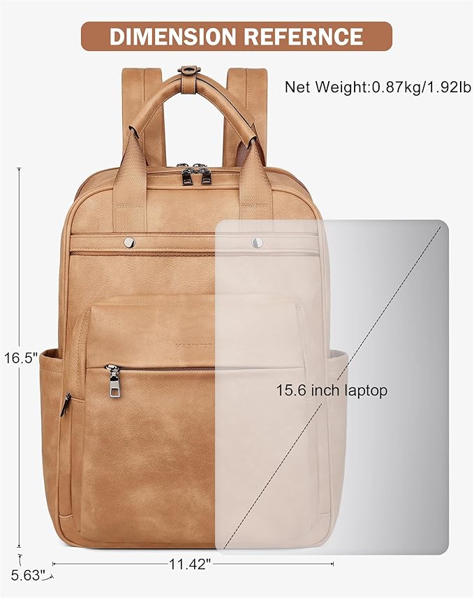 MASINTOR Leather Laptop Backpack for Women, Stylish Computer Backpack College Business Work Shoulder Bags Work and Travel Retro Camel