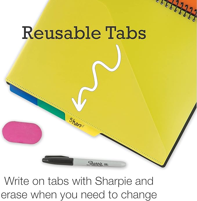 Samsill 10 Pocket Poly Organizer with 5 Dividers,File Folders Letter Size,Customizable Front Cover,Inner Zipper Pouch,Erasable Write-On Tabs in Assorted Colors,Plastic Folder with Pockets