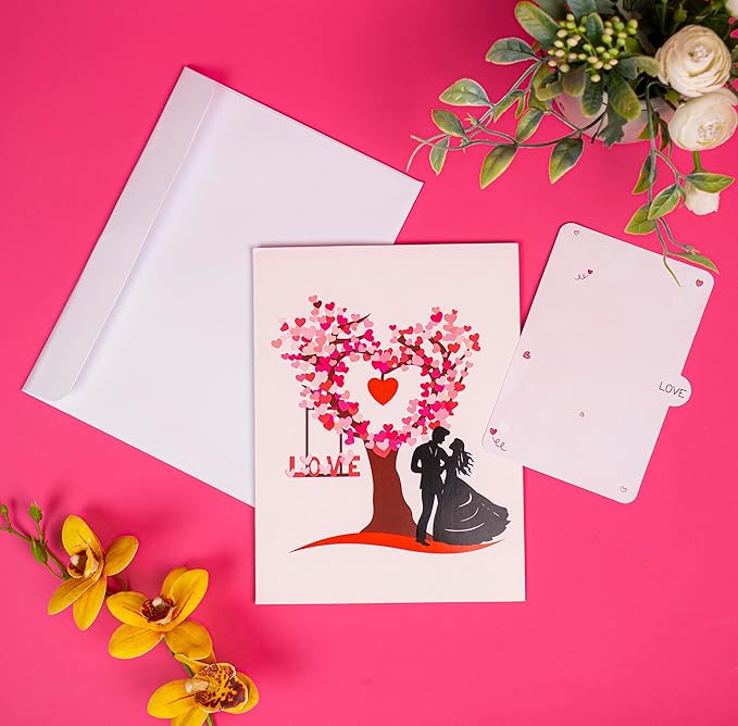 3D Romantic Pop-Up Anniversary Card for Couple, Love Tree Hearts Couple Love Pop Card for Wife or Husband, Perfect PopUp Wedding Card for Valentine's Day or Anniversary