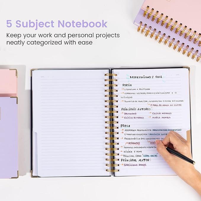 Hardcover Spiral Notebook with Tabs 5.5"x7.5" Small Spiral Lined Journals for Women with Dividers 220 Pages College Ruled Composition Notebook 5 Subject Notebook for Work School Gifts, Purple