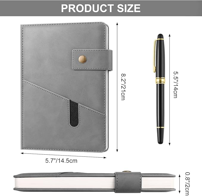 A5 Leather Journal Notebook with Pen, 200 Pages Hardcover Journal with Pocket, 100gsm Thick Lined Paper Daily Diary for Men and Women, Great Gift for Business School Travel Personal - Gray