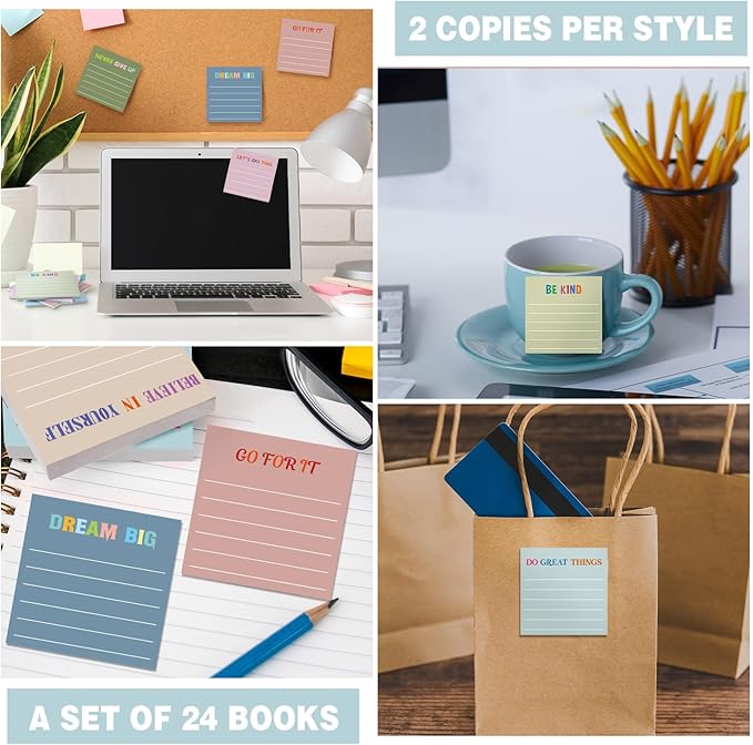 Yinder 24 Pcs Inspirational Sticky Notes with Lines Cute Motivational Sticky Notes Pad Employee Appreciation Gifts Bulk for Teacher Nurse Coworkers Office Supplies 3 x 3''(Morandi,Motivational)
