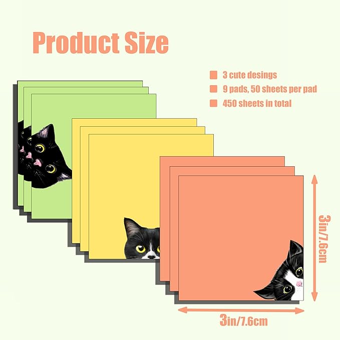 9 Pads Black Cat Sticky Notes Set, Pink Self-Stick Note Pads, Super Adhesive Memo Pads Cute Note Card for Cat Lover Gift, Teacher Office and School Supplies, 3x3in