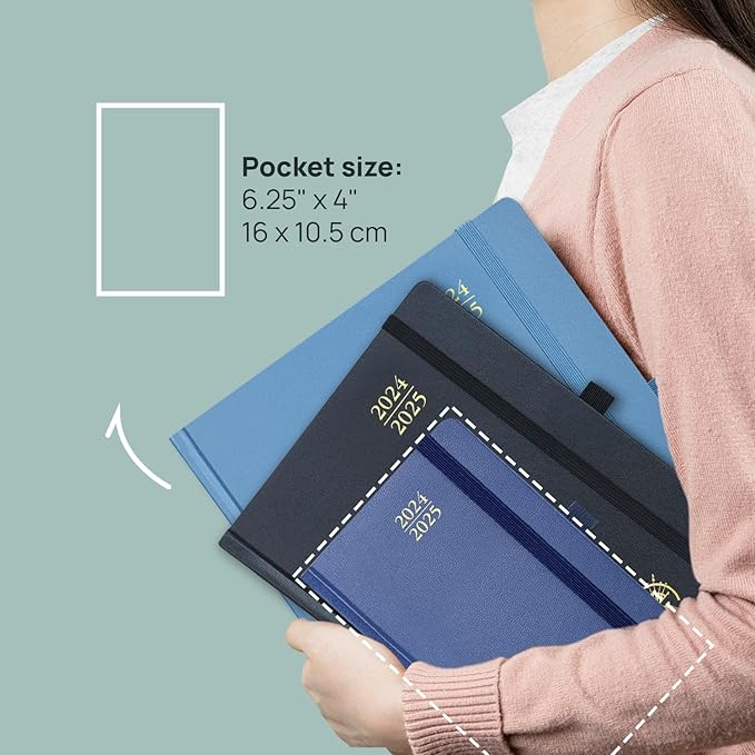 POPRUN Pocket Planner 2024-2025, [Pocket 4''x 6.25'' Hard Cover] Academic Year Calendar Daily Weekly and Monthly (July 24-June 25) with Hourly Time Slots, 100 GSM Paper - Haze Blue