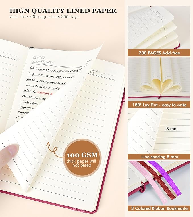 Lined Journal Notebook for Women and Men,Hardcover Leather Journaling Notebook for Writing,Travel,Business,Work and School,200 Pages A5 Notebook for Note Taking,Diary 5.9" × 8.5" - Wine red