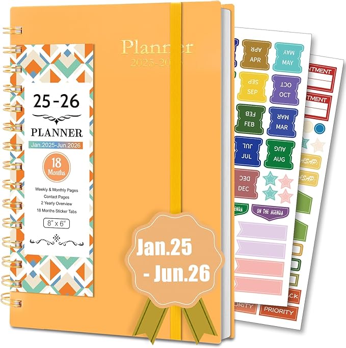 Monthly Planner 2025-2026 – Jan 2025 - Jun 2026, Academic Planner 2025-2026 Weekly, School Planner with Flexible Cover, Premium Thick Paper for School Work Office 5.7" x 8.2" – Orange