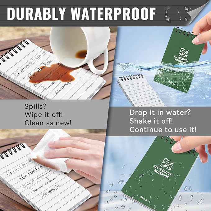 POPYOLA 8 Pack Waterproof Pocket Notebook, 3 x 5 Pocket Notepad, All Weather Small Mini Spiral Notepad with 100 Lined Pages for Outdoor Office School
