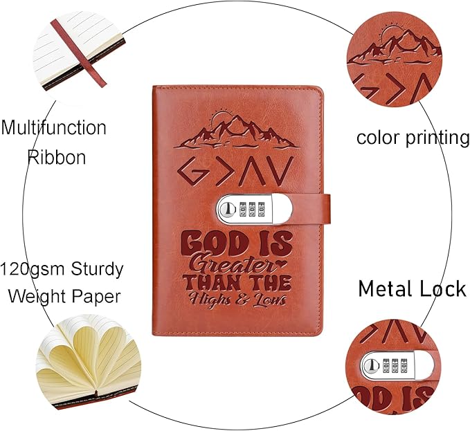 God is Greater Than The Highs and Lows Religious A5 Locking Journal Faux Lined Leather Journal Refillable Journal with Lock (Lock-God Greater Than)