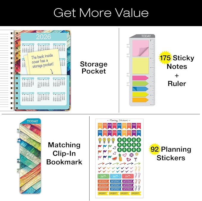 HARDCOVER 2025 Planner, 5.5"x8": 14 Months (November 2024 - December 2025), Daily Weekly Monthly Planner, Yearly Agenda, Bookmark, Pocket Folder and Sticky Note Set (Rainbow Oak)