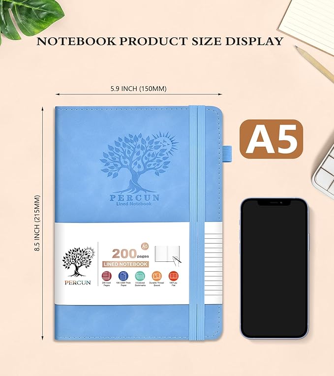 Lined Journal Notebook for Women and Men,Hardcover Leather Journaling Notebook for Writing, Travel, Business, Work and School,200 Pages A5 Notebook for Note Taking, Diary 5.9" × 8.5" - Blue