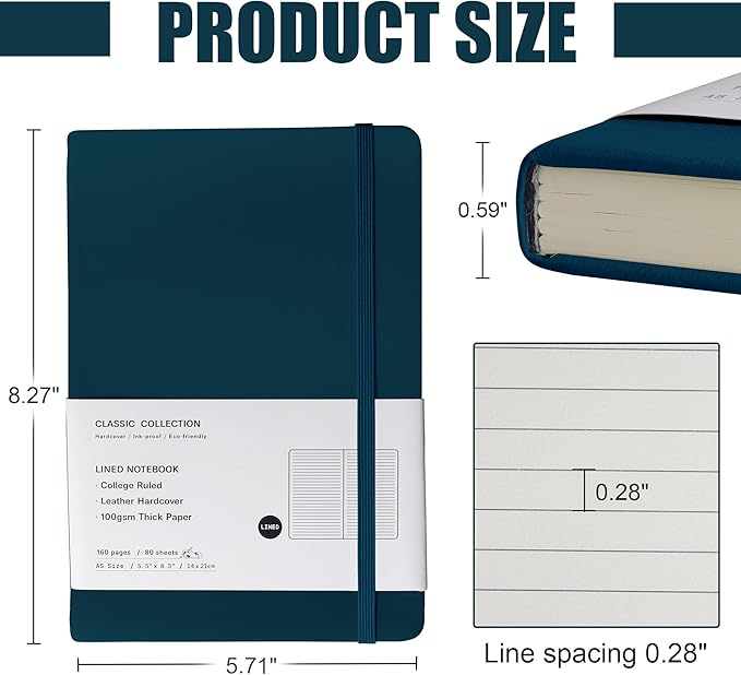 Lined Journal Notebook, 6Pack(Turquoise), 160 Pages, Medium 5.7 inches x 8 inches - 100 gsm Thick Paper, Hardcover