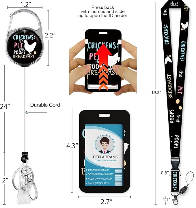 Lanyards for Id Badges, Funny Badge Holder with Retractable Badge Reel Clip, Chicken Work Card Name Tag Keychain Lanyard Vertical ID Card Protector for Women Nurse Doctor Teacher Student
