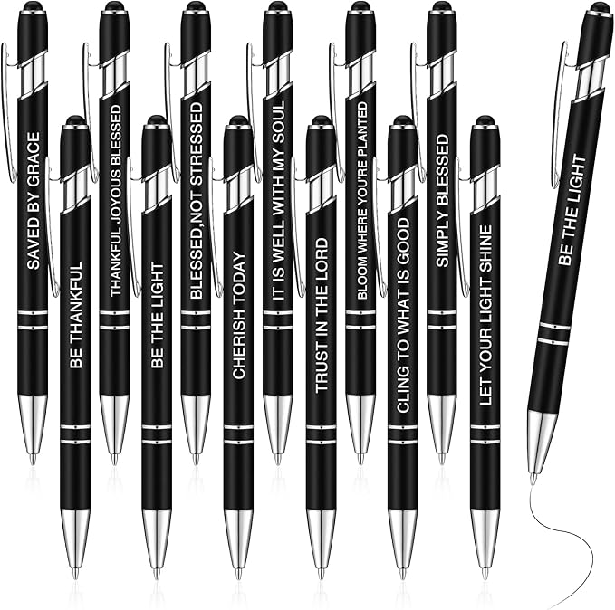 Zonon 12 Pieces Inspirational Pens Bulk Easter Basket Stuffers Motivational Quotes Ballpoint Pens with Stylus Tip Inspirational Gifts for School Office Teachers(Black,Bible Style)