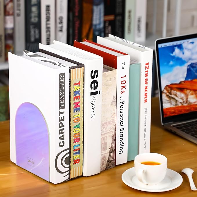 Harloon 4 Pcs Acrylic Book Ends for Shelves Plastic Arch Clear Non Skid Heavy Duty Bookends Desktop Organizer l Dividers Book Stopper for Office(Laser Color)