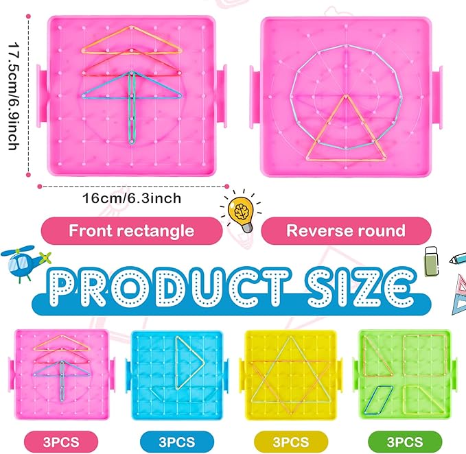 12 Pcs Double Sided Geoboard Mathematical Geoboards with Rubber Bands Math Manipulatives Toy for Geometry, 6.9 x 6.3 Inches