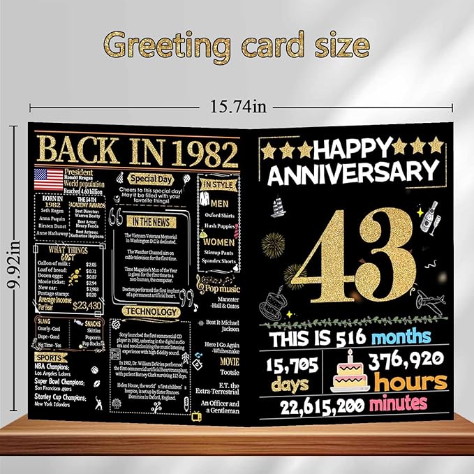 Joycard 43rd Anniversary Card for Women Men, Gold Wedding Card for Wife Husband, Sweet Marriage Decorations Gifts for Couple, Perfect for Her Him on Anniversary Day, Back in 1982