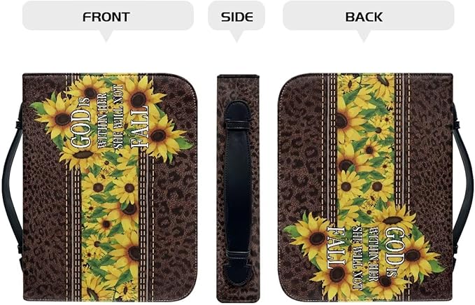 Lotusorchid PU Leather Bible Bag for Women with Inspiring Bible Verses, Sunflower Leopard Print Bible Cover Women Girls, Sturdy Bible Book Carrying Bags Christian Bible Study Accessories, XL