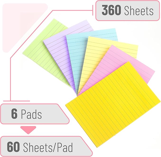 Mr. Pen Lined Sticky Notes - 4" x 6", 6 Pads, 60 Sheets, Pastel Colors