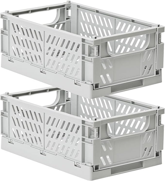 2-Pack Small Pastel Plastic Storage Baskets, Collapsible Crates for Organizing, Space-Saving Mini Bins for Classroom, Kitchen, Office, Bedroom (Grey, 9.8" x 6.5" x 3.8")