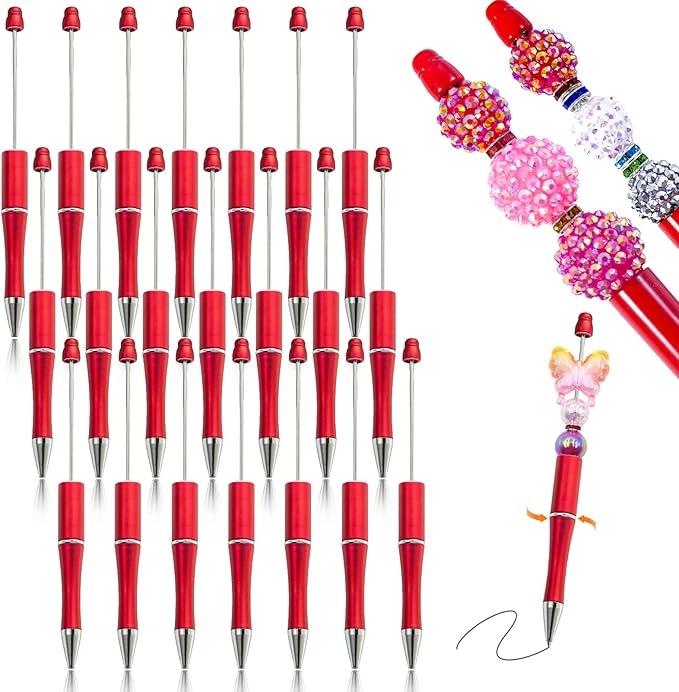 15 Pieces Beadable Pens - Beaded Pens Plastic Diy Black Ink Ballpoint Pens Bulk - Bead Pens Suitable For Teacher, Students, Office, School, Graduation Gift Supplies（Red）