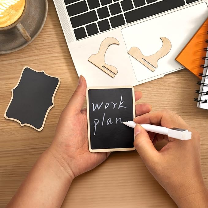 12 Pcs Mini Chalkboard Signs, Small Chalkboard Labels with Easel Stand, Wooden Blackboard for Table Numbers, Food Signs, Wedding Signs, Place Cards and Event Decoration, with 1 Liquid Chalk