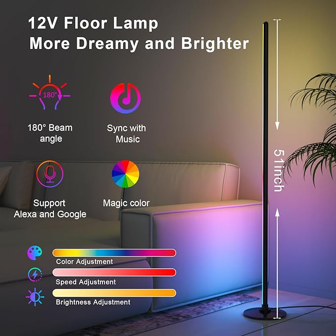 LED Floor Lamp, Corner Floor Lamp with Alexa, Smart Modern Floor Lamp with Music Sync 16 Million Colors & 68+ Scene RGB Floor Lamp with APP and Remote Control, for Bedroom Living Room