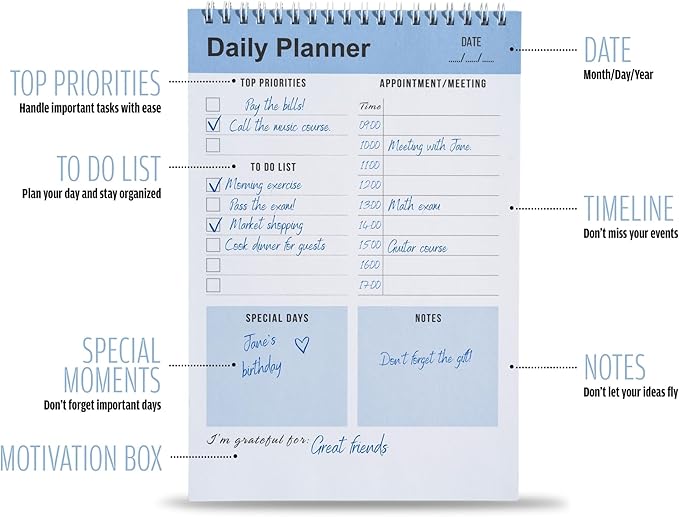 Daily Planner Notebook, To Do List Notepad, Spiral Notebook, Undated-52 Sheets-6.5" x 9.8" Checklist, Notebooks for Work, Personal Organizer Notepad, Daily Task Notebook (Blue)