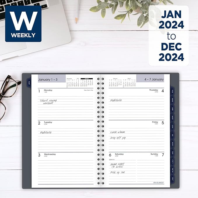 AT-A-GLANCE 2024 Weekly & Monthly Planner, DayMinder, 5" x 8", Small, Spiral Bound, Monthly Tabs, Gray (GC2000724)
