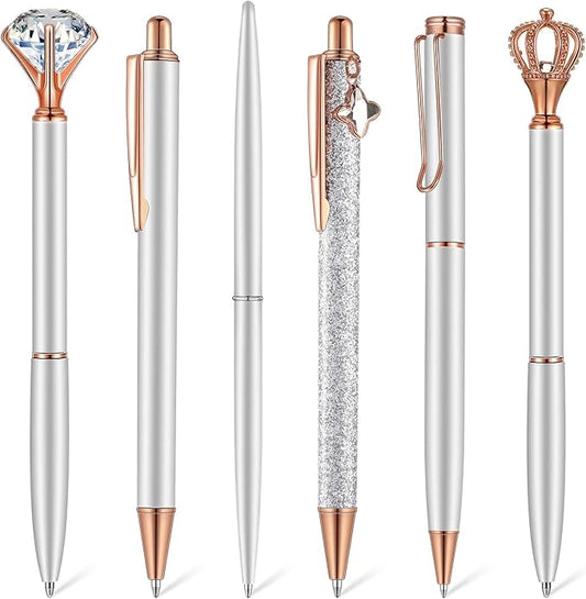 6 Pcs Ballpoint Pens Set Metal Crystal Diamond Pen for Journaling Glitter Pretty Cute Stationery Black Ink Fancy Gifts for Women Girls Teacher Office Wedding School Supplies(Silver)